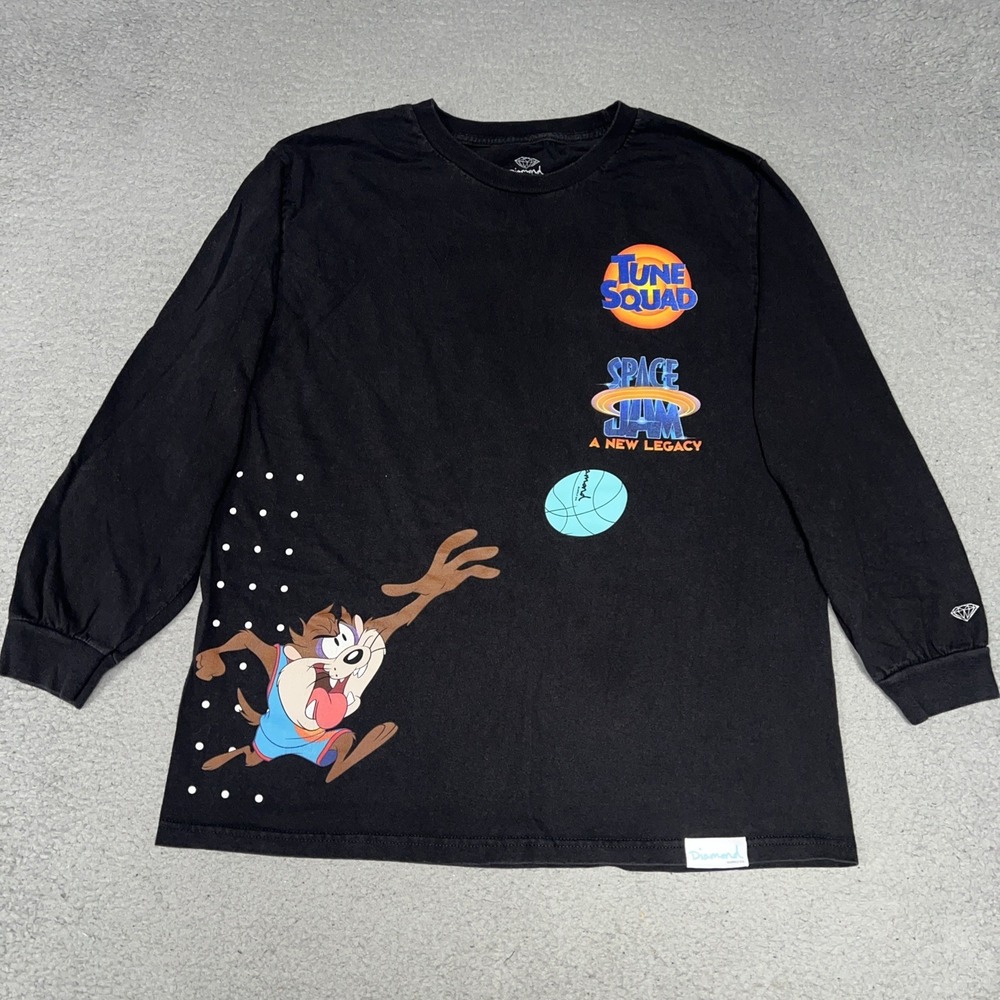 Diamond Supply x Space Jam Tune Squad Shirt Men's Sz L Black Long Sleeve 2-Sided